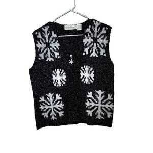 Vtg Belle Pointe Sweater Vest M Snowflake Metallic Retro Holiday Wool Blend Zip